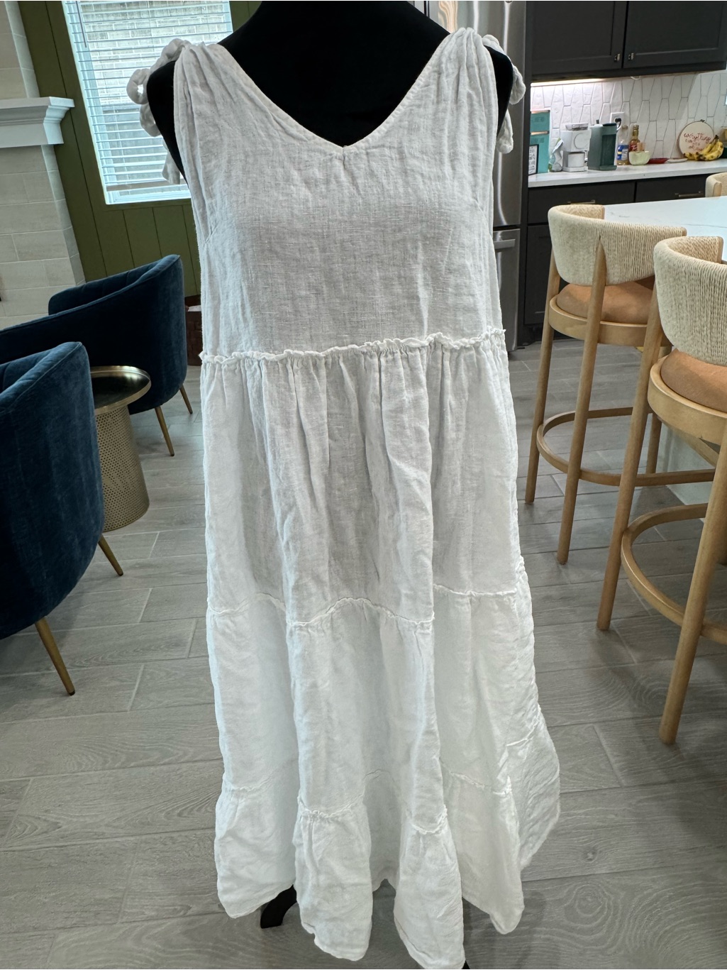 Beachwood 100% Linen White Tiered Tie Shoulder Straps Dress One Size Vguc